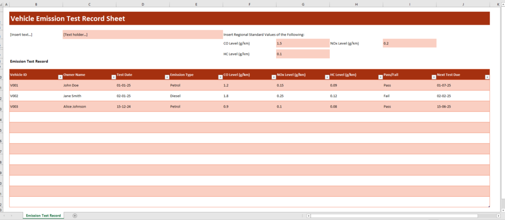 Vehicle Emission Test Record Sheet