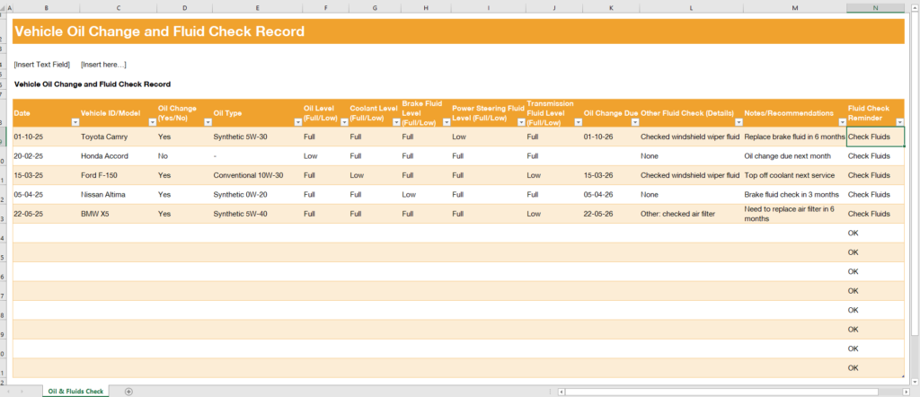 Vehicle Oil Change and Fluid Check Record