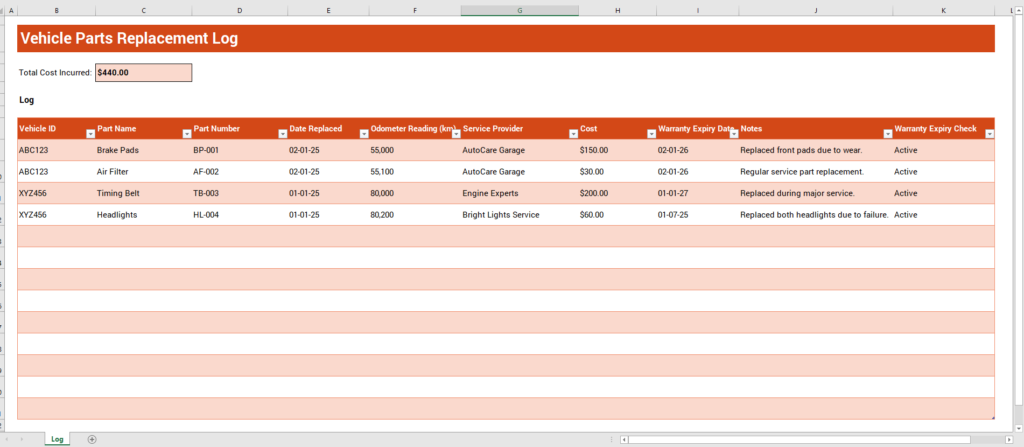 Vehicle Parts Replacement Log Template