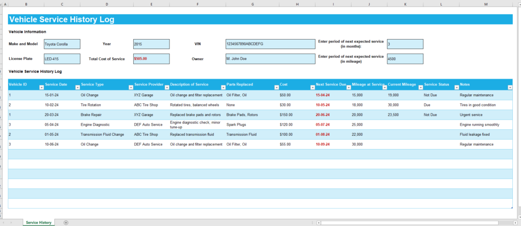 Vehicle Service History Log Template for Excel