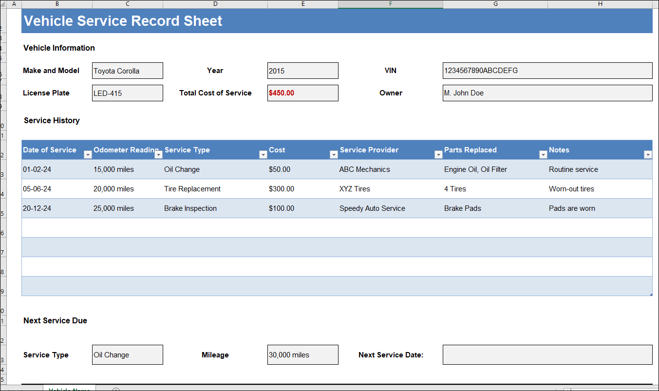 Vehicle Service Record Sheet