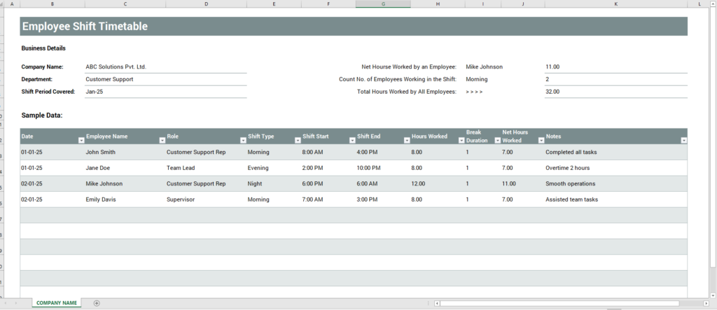 Employee Shift Timetable Template for Excel