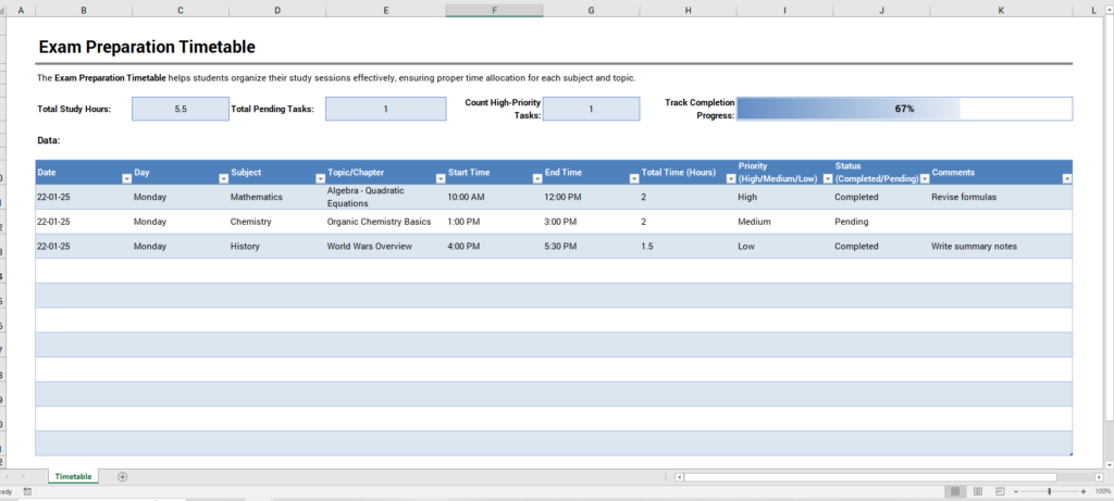 Exam Preparation Timetable Template