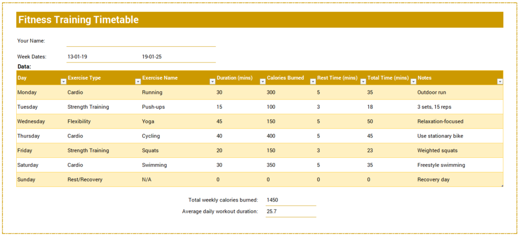 Fitness Training Timetable Template