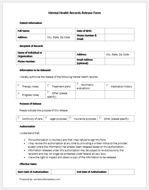 Mental Health Records Release Form