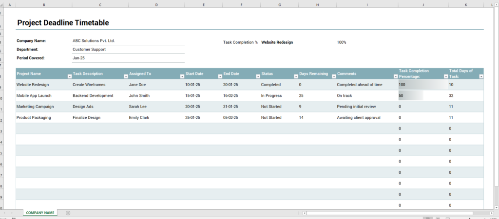 Project Deadline Timetable Template