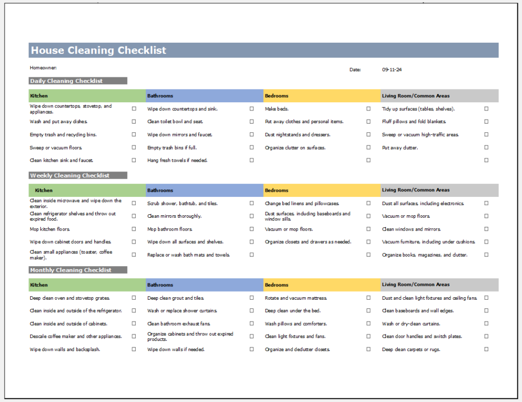 Daily Weekly Monthly House Cleaning Checklist