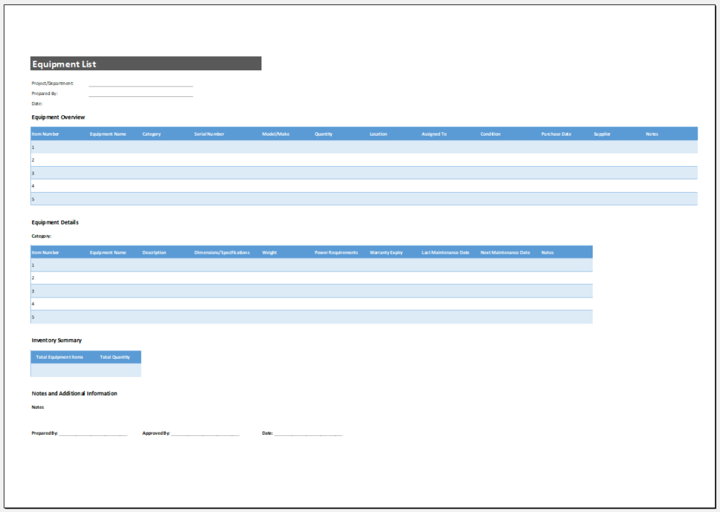 Equipment List Template