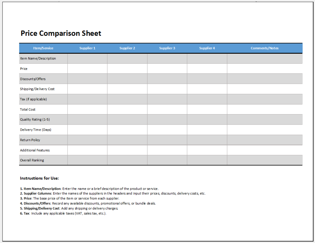 Price Comparison Sheet Template