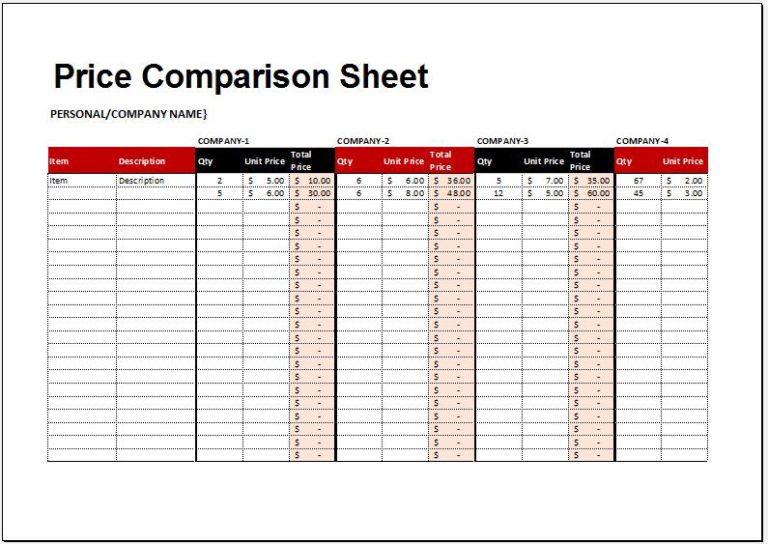 Price Comparison Sheet Template For Excel Word Excel Templates