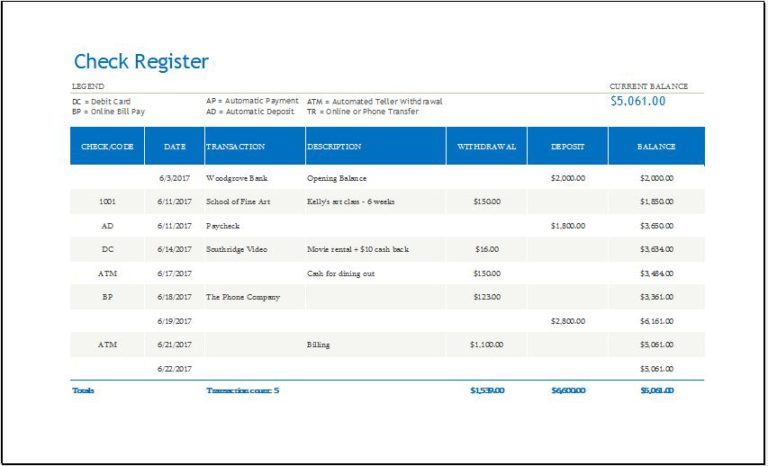 Check Register with Transaction Code Template for MS Excel