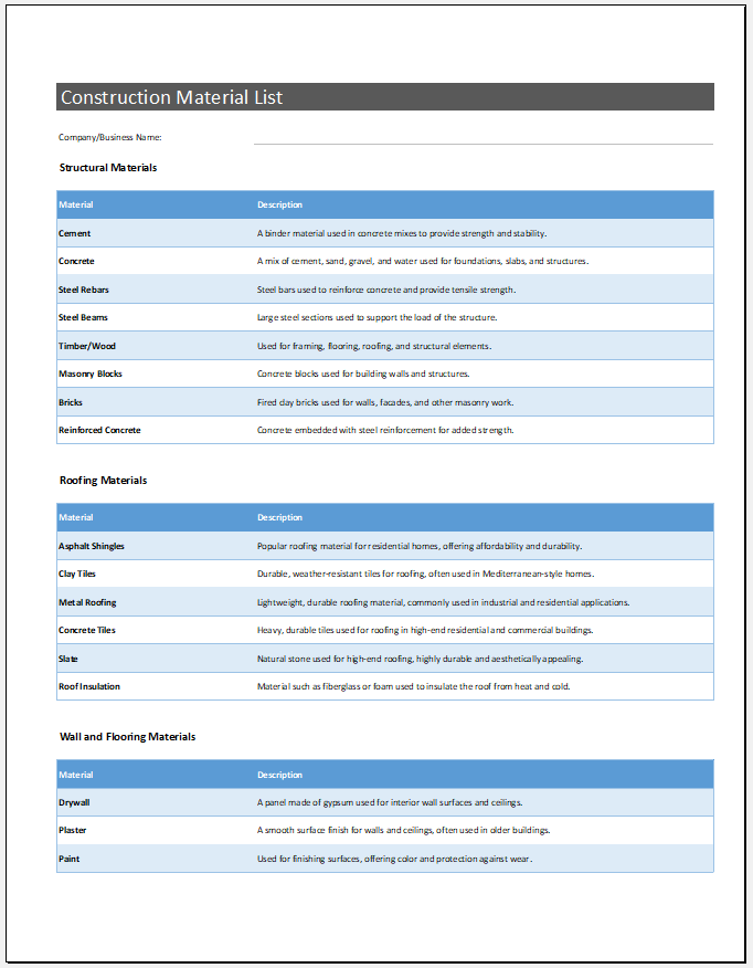 Construction material list