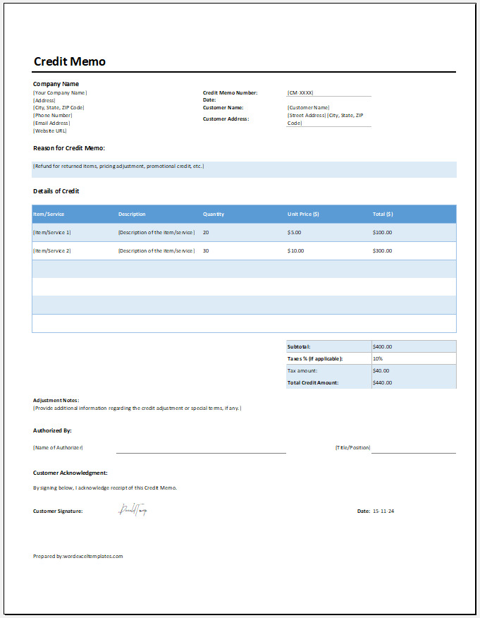 Credit Memo Template for Excel