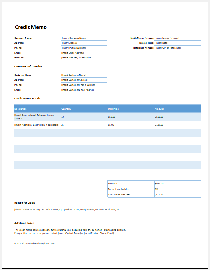 Credit Memo Template for Excel