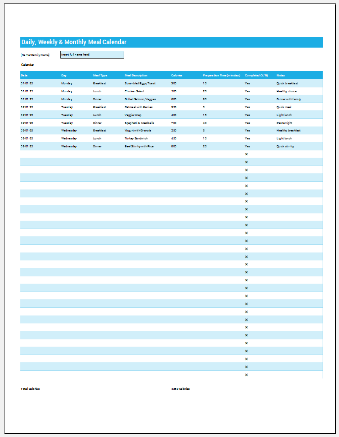 Daily, Weekly & Monthly Meal Calendar