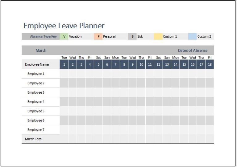 Employee Leave Planner Template for MS Excel Download File