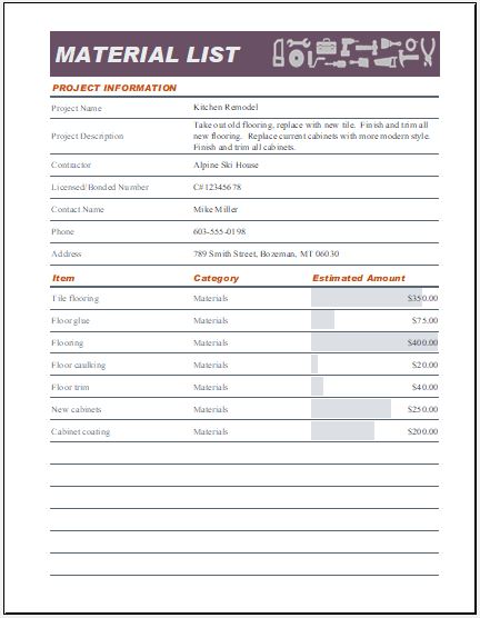 Material List Template For MS Excel Word Excel Templates