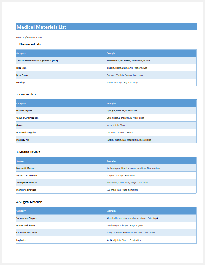 Medical Material List Template for Excel