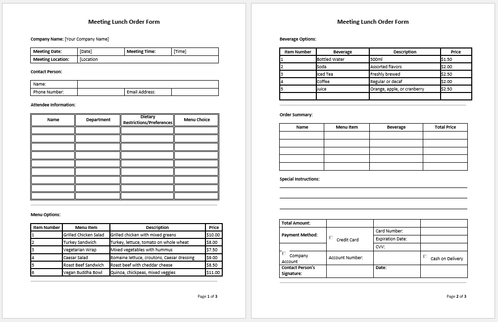 Meeting Lunch Order Form