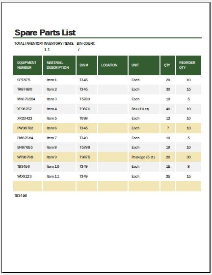 Spare Parts List Template For MS Excel Word Excel Templates