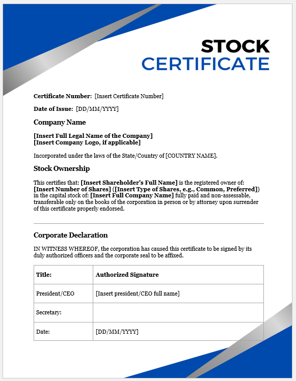 Stock Certificate Template