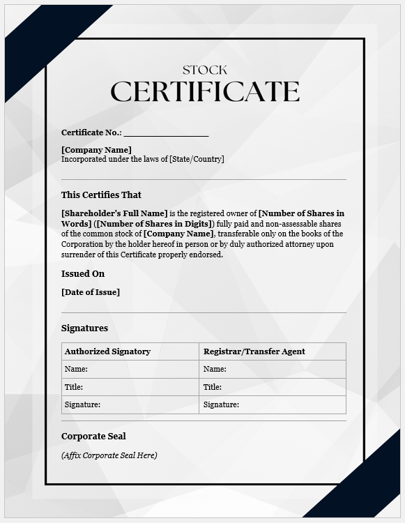 Stock Certificate Template