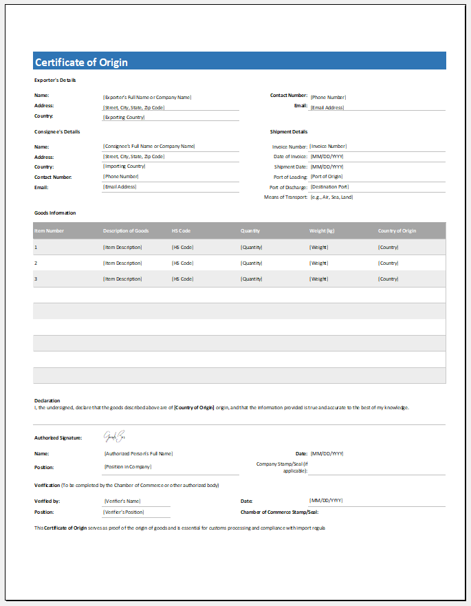 Certificate of Origin Template