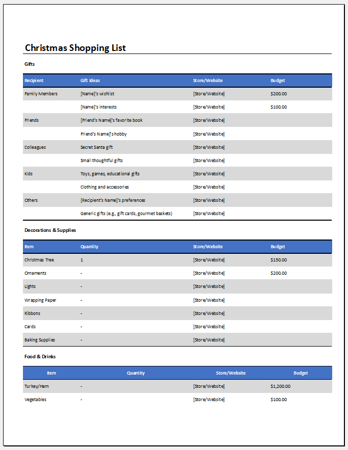 Christmas Shopping List Template