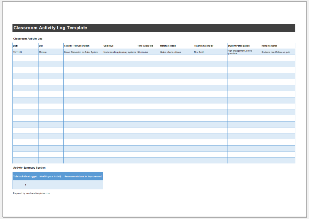 Classroom Activity Log Template