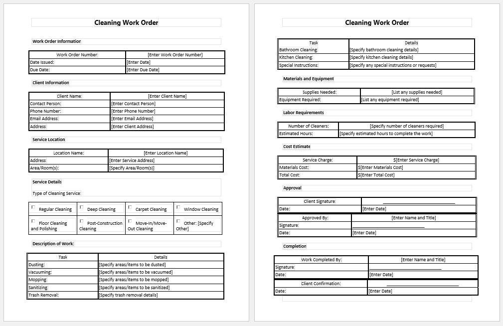 Cleaning work order template