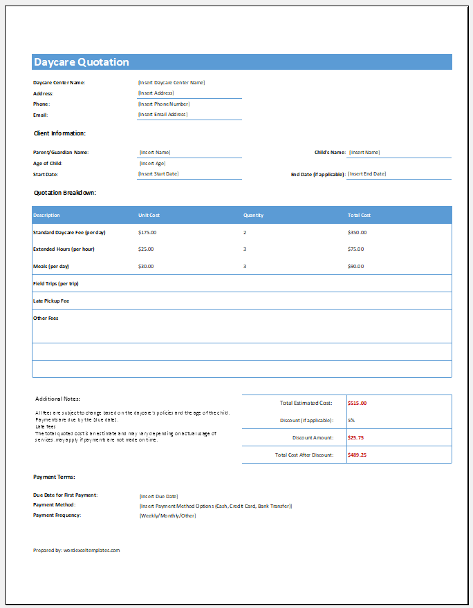 Daycare Quotation Template for Excel