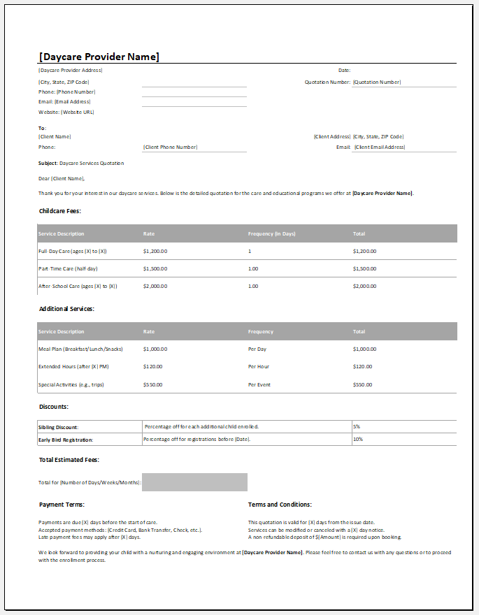 Daycare Quotation Template for Excel