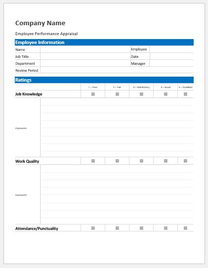 Employee Performance Appraisal Forms For MS Word Word Excel Templates