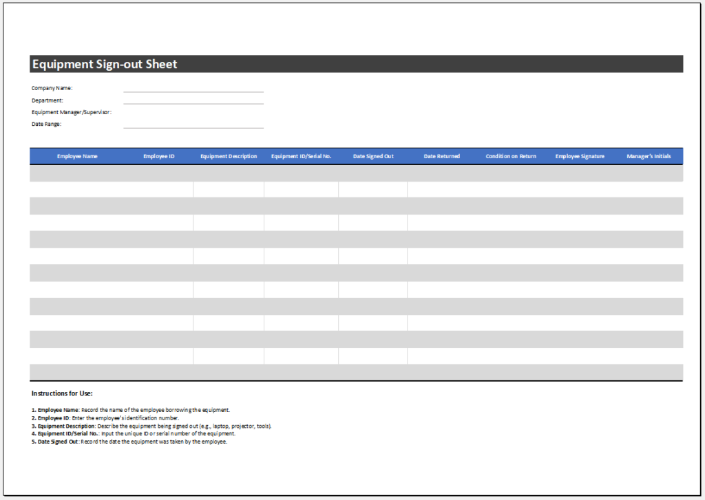 Equipment sign-out sheet template