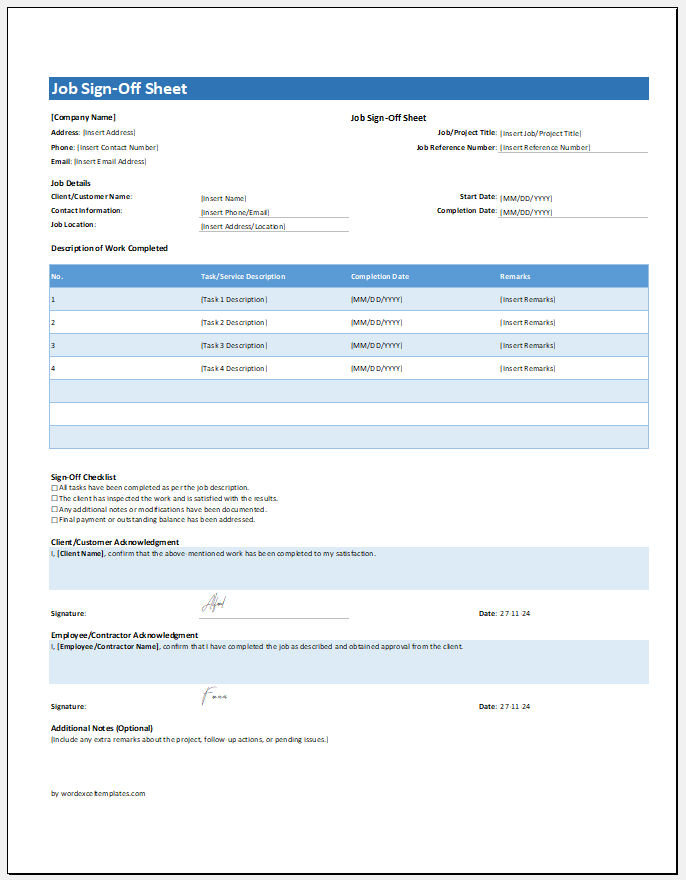 Job Sign-Off Sheet Template