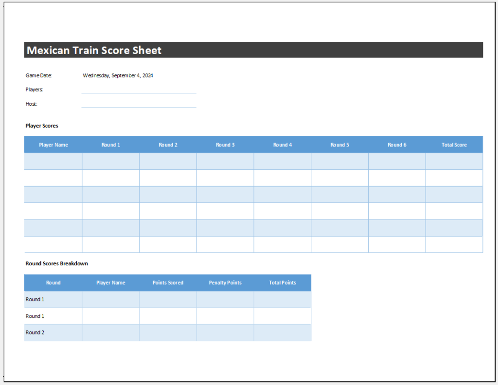 Mexican Train Score Sheet