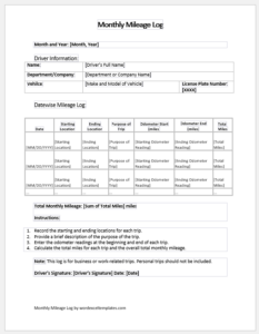 Monthly Mileage Log