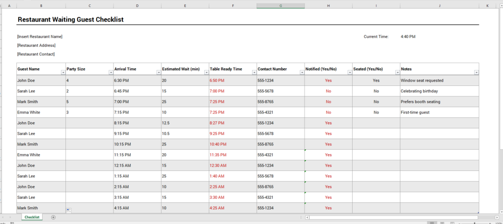 Restaurant Waiting Guest Checklist for Excel