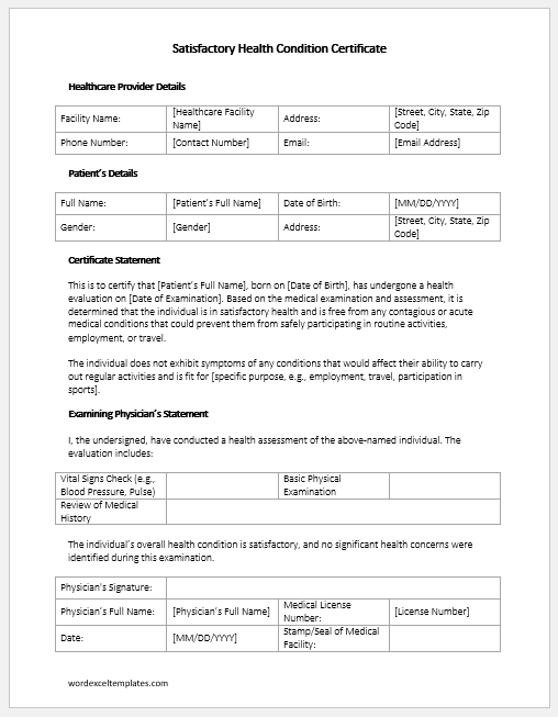 Satisfactory Health Condition Certificate