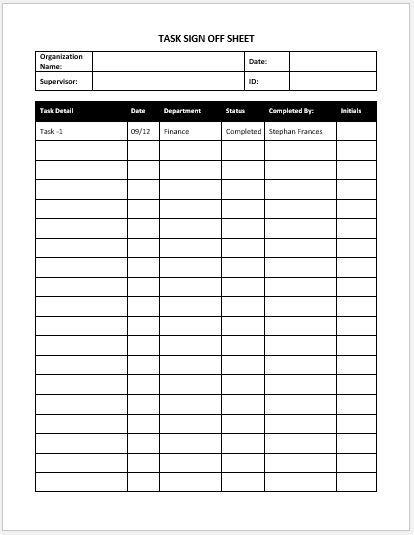 Task Sign Off Sheets For MS Word Word Excel Templates