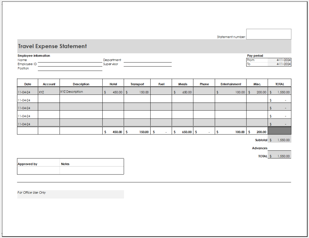 Travel Expense Statement Template