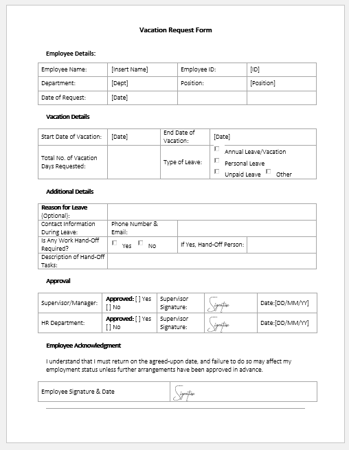 Vacation Request Form Template