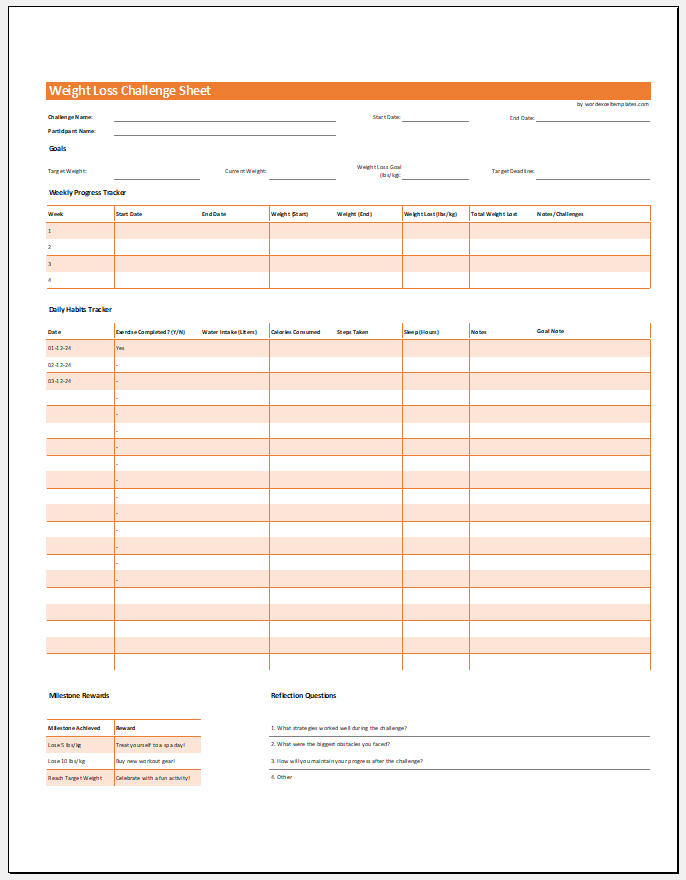 Weight Loss Challenge Sheet