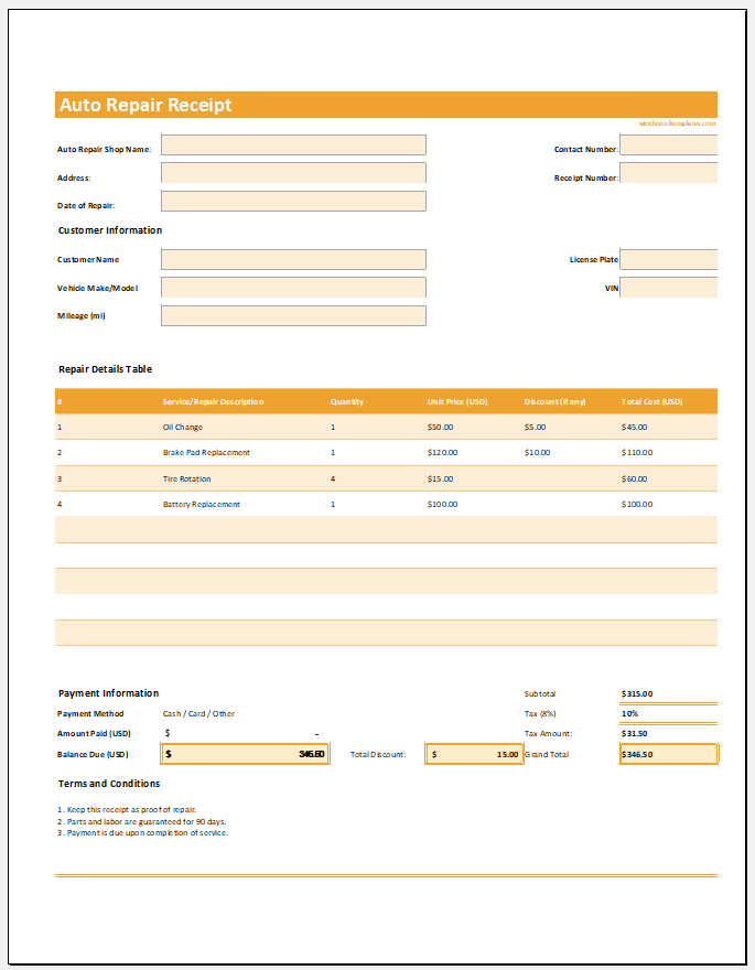 Auto Repair Receipt Template