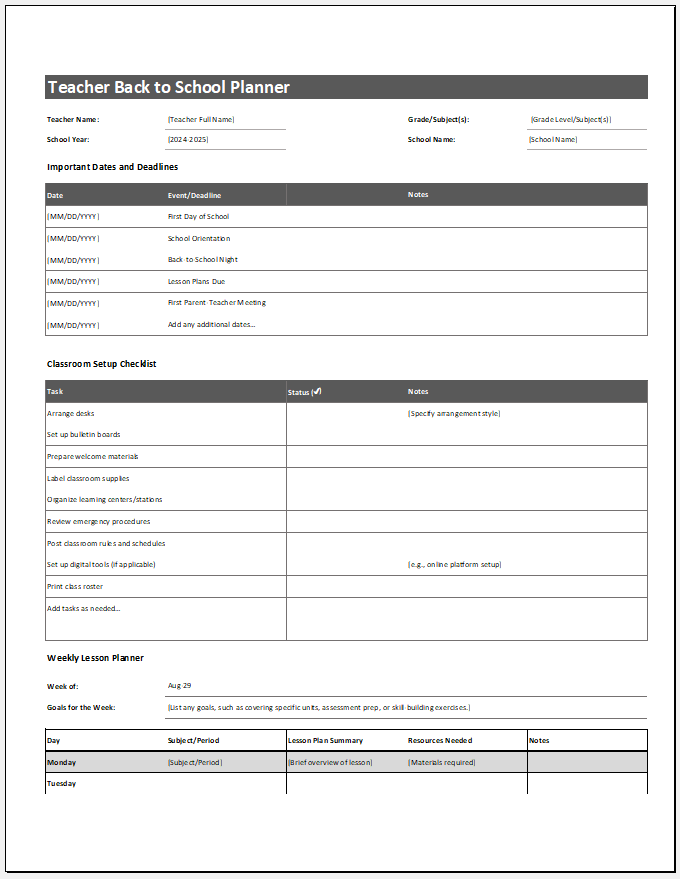 Back to school planner template