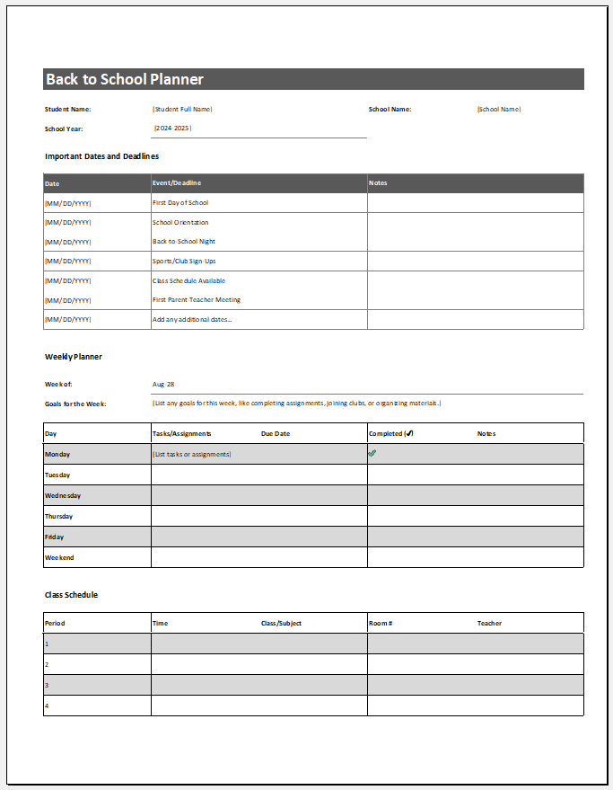 Back to school planner template