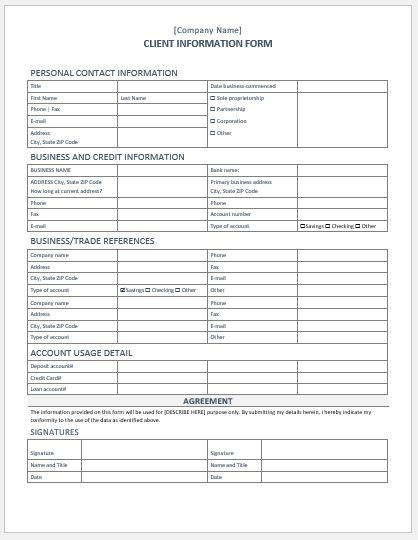Client Information Form Template For Word Word Excel Templates