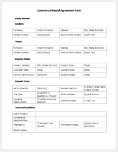 Commercial Rental Agreement Form Template