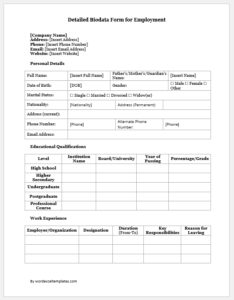 Detailed Biodata Form for Employment