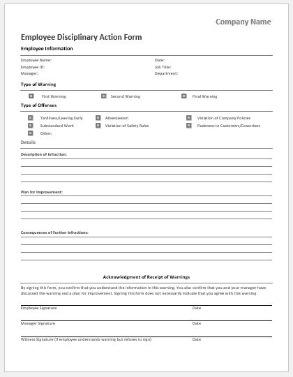 Employee Disciplinary Action Forms For MS Word Word Excel Templates